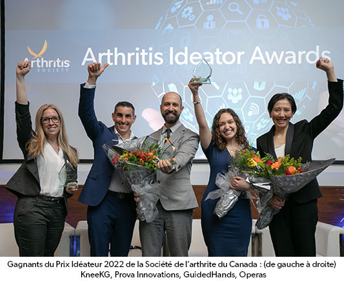 Gagnants du Prix Idéateur 2022 de la Société de l’arthrite du Canada : (de gauche à droite : KneeKG, Prova Innovations, GuidedHands, Operas